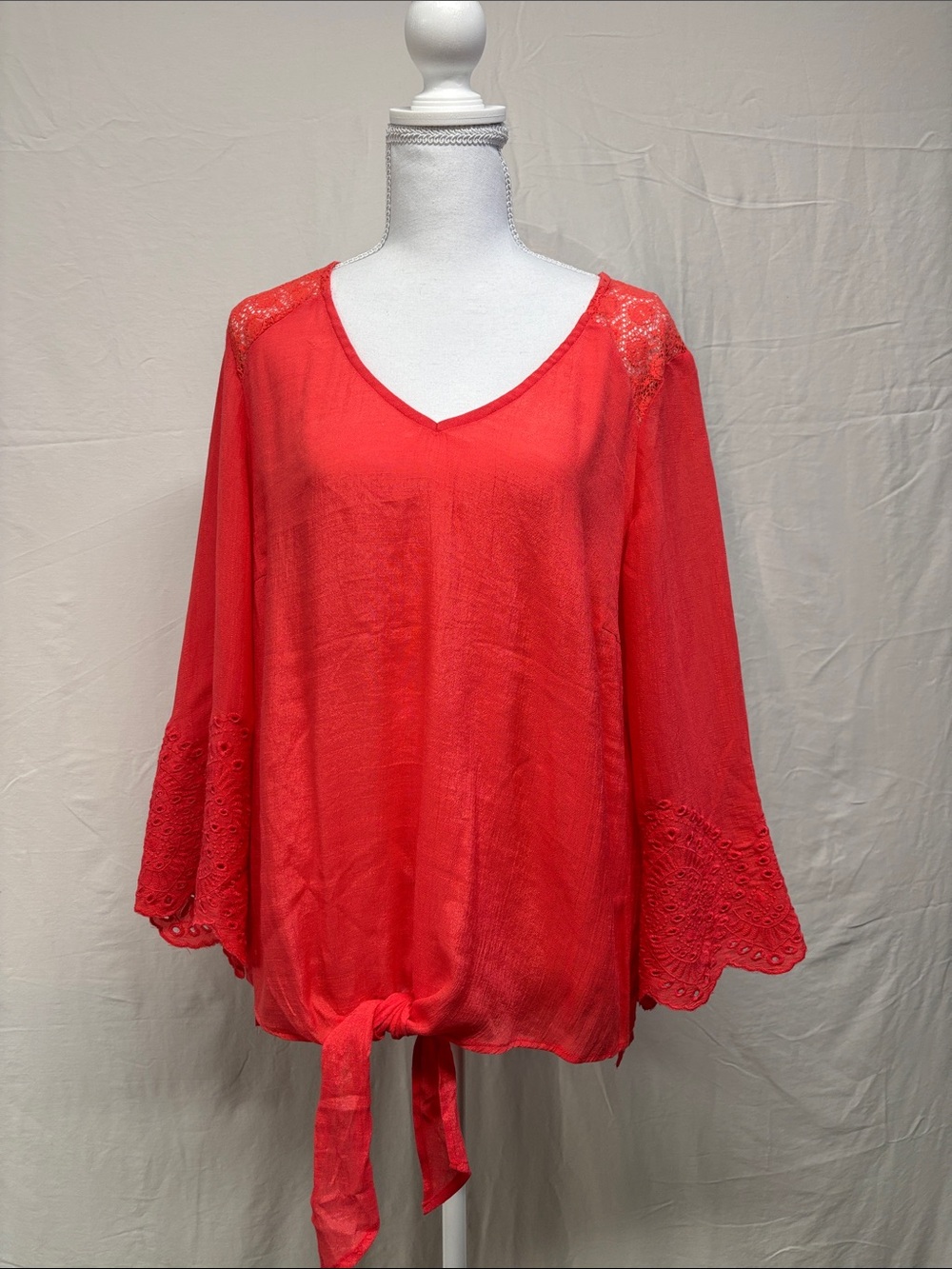 V-Neck Coral Tie-Front Blouse with Crochet Sleeve Detail